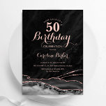 Convite Ágora Dourada Negra Marble 50º Aniversário<br><div class="desc">Rosa de ouro preto agate 50º convite de aniversário. Elegante design moderno com aquarela agate marble geode background, faux glitter rosa gold e typografia script font. Trendy convida o cartão perfeito para uma comemoração de dia das mulheres na moda. Impressos convites Zazzle ou modelo de impressão digital instantânea para download....</div>