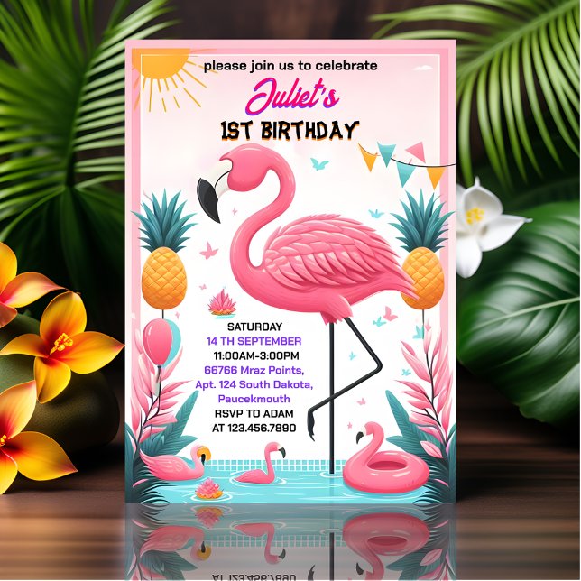 Convite Agora Luau Voa Rosa Flamingo Piscina primeiro aniv (Criador carregado)