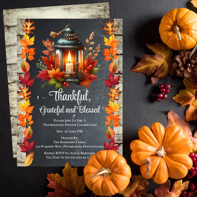 Convite Agradecido Grato e Abençoado Jantar de Ação de Gra ("Thankful, Grateful and Blessed" Candlelit Lantern Thanksgiving Dinner Celebration Invitation)