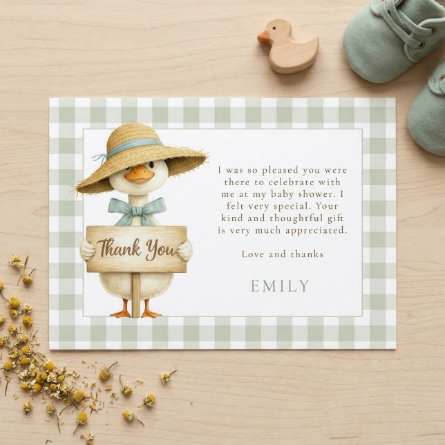 Convite Agradecimento Chá de Bebê Sage Gingham Silly Goose (Criador carregado)