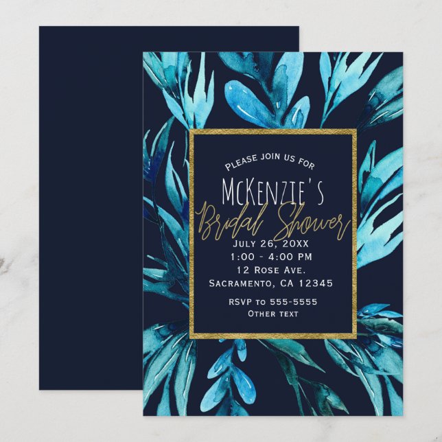 Convite Água Azul Aquarela Botânica Glam Chuveiro de Noiva (Frente/Verso)
