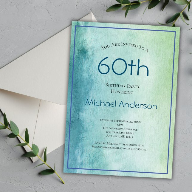 Convite Água azul esverdeada em aquarela para 60º aniversá (60th Editable Birthday Invitation for him. Blue Green Watercolor Background. Simple Minimalist )