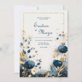 Convite Água Azul Índigo Dourado Floral Elegante Casamento
