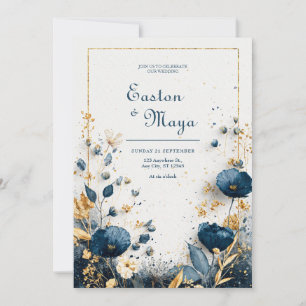 Convite Água Azul Índigo Dourado Floral Elegante Casamento