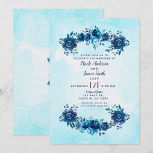 Convite Água Azul Índigo Flores de Aquarela Casamento Flor