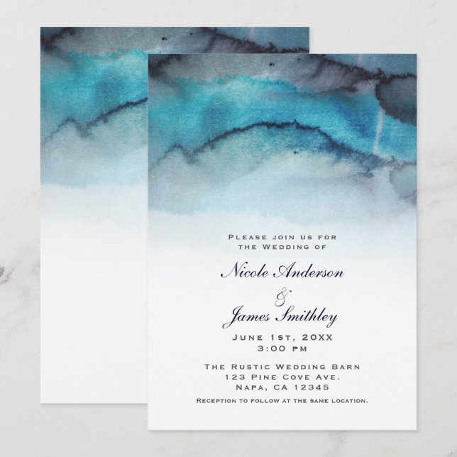 Convite Água Azul-Marinho em Aquarela Costa Abstrata Ondas (Frente/Verso)