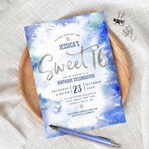 Convite Água Azul Prateada Aquarela Sweet 16 Aniversário M
