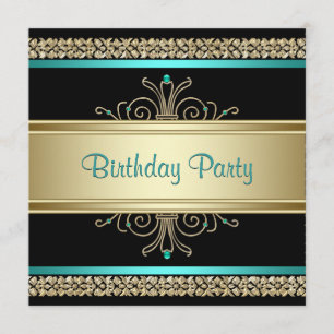 Convite Água Azul Teal Dourado Preto Festa de Aniversário 