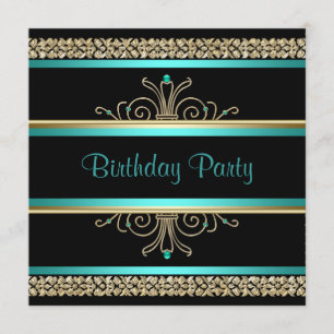 Convite Água Azul Teal Dourado Preto Festa de Aniversário 