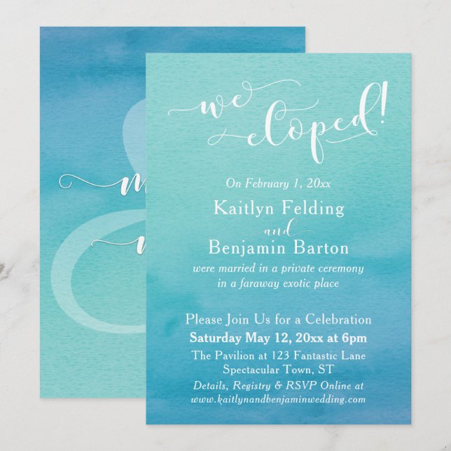 Convite Água Azul Turquesa com Efeito Ombre em Aquarela No (Frente/Verso)