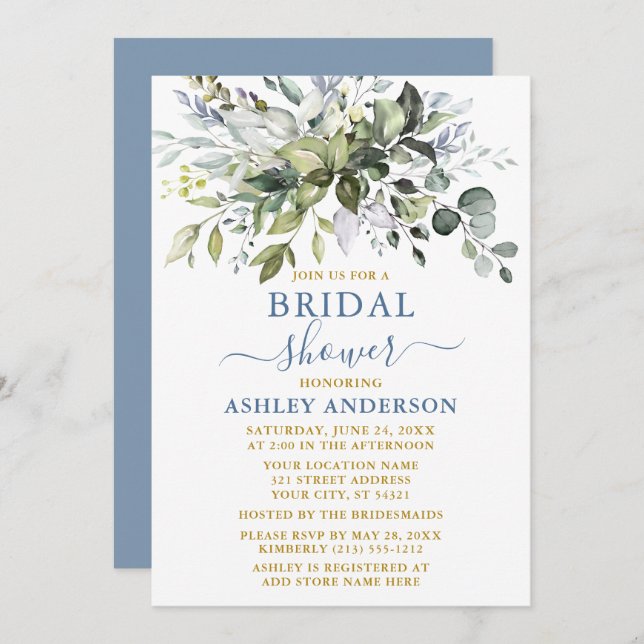 Convite Água Chá de panela verde Dourado com pó azul (Frente/Verso)