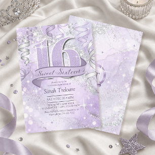 Convite Água Colorida Espelhada Sweet 16 Violeta Prata ID1