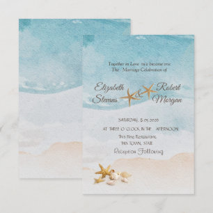 Convite Água colorida Praia Conchas Areia Casamento