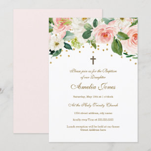Convite Água Colorida Rosa Dourada Floral Batismo