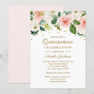 Convite Água Colorida Rosa Dourado Floral Quinceanera 15º