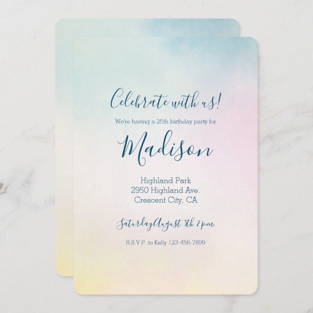 Convite Água - Cor Aqua - Cor Amarelo-rosa Ombre (Frente/Verso)