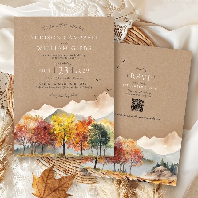 Convite Água-cor Árvore Outono Montanha Rústico Casamento  (Rustic kraft elegant Fall Trees watercolor forest mountain landscape QR code wedding invitation)