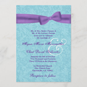 Convite Água e Damasco Roxo e Laço Casamento R541