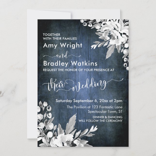 Convite Água Floral em Aquarela Casamento Rústico Azul Gru (Frente)