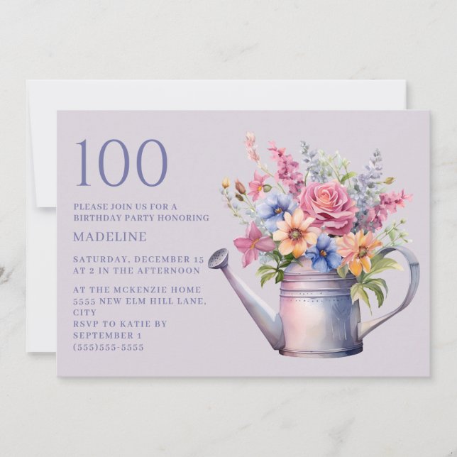 Convite Água Floral Pêssego Púrpura A 100.º Aniversário (Frente)