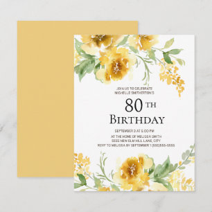 Convite Água-forte Amarela Floral Verde 80º Aniversário