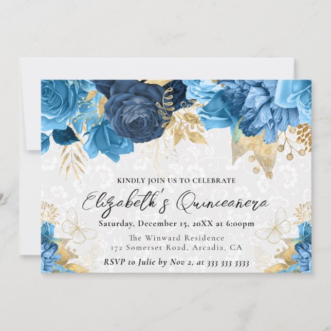 Convite Água-forte Azul e Flores Douradas Quinceanera (Frente)