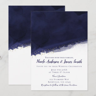 Convite Água-forte Azul-Marinho & Dourado Casamento Modern