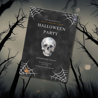 Convite Água-forte Crânio e Teia de Aranha Halloween