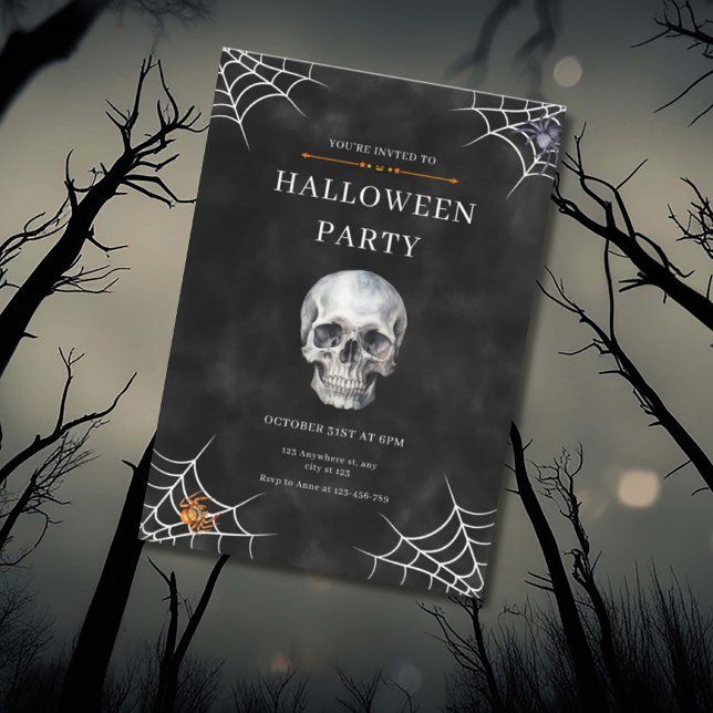 Convite Água-forte Crânio e Teia de Aranha Halloween (Criador carregado)