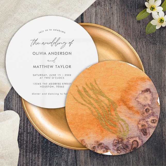Convite Água-forte de Laranja Dourado Simples Casamento Ún (Front/Back)