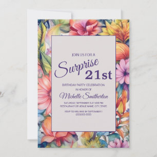Convite Água-forte Floral Amarelo Rosa Roxo Aniversário de