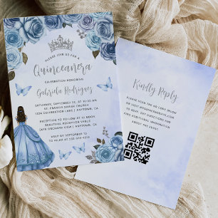 Convite Água-forte Floral Azul Prateado Código QR Quinceañ