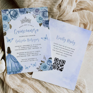 Convite Água-forte Floral Azul Prateado Código QR Quinceañ