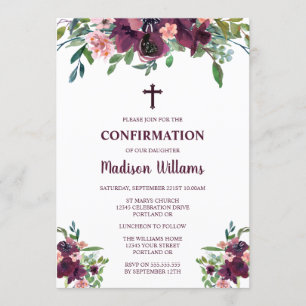 Convite Água-forte Floral Borgonha Meninas Confirmação
