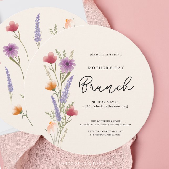 Convite Água-forte Floral Brunch Dia das Mães (Front and back of round invitation in 5.25 inches. )