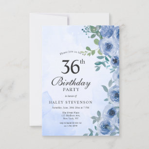 Convite Água-forte Floral Chic Azul Empoeirado Aniversário