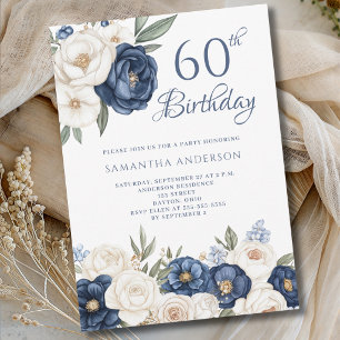 Convite Água-forte Floral Creme Azul para Aniversário de 6