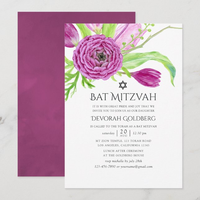 Convite Água-forte Floral de Ameixa Bat Mitzvah (Frente/Verso)