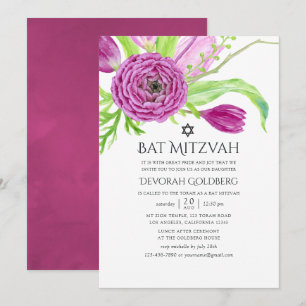 Convite Água-forte Floral de Ameixa Bat Mitzvah