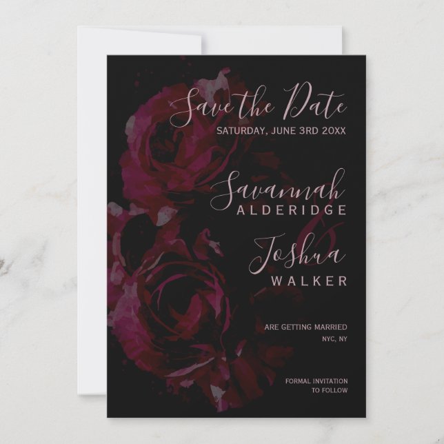 Convite Água-forte Floral Preta Casamento Salve a Data (Frente)