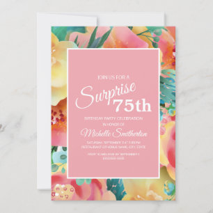 Convite Água-forte Floral Rosa Amarelo Turquesa Aniversári