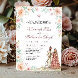 Convite Água-forte Floral Rosa de Pêssego Casamento Sikh