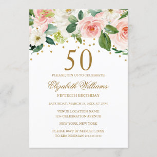 Convite Água-forte Floral Rosa Dourado Aniversário de 50 a