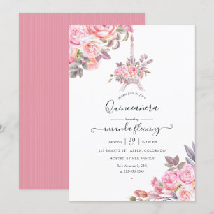 Convite Água-forte Floral Rosa Paris Quinceañera
