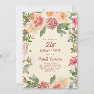 Convite Água-forte Floral Rosa Pêssego Aniversário de 21 a