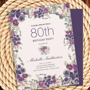 Convite Água-forte Floral Rosa Roxo 80º Aniversário