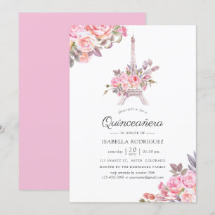 Convite Água-forte floral rosa tema Paris Quinceañera