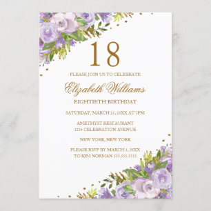 Convite Água-forte Floral Roxo Dourado 18º Aniversário