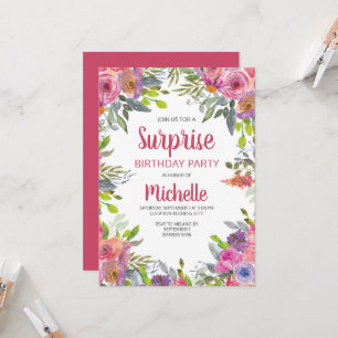 Convite Água-forte Floral Verde Aniversário Rosa Roxo