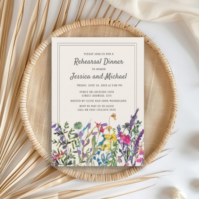 Convite Água-forte Flores Silvestres Creme Casamento Rústi (Wildflower wedding rehearsal dinner invitation)